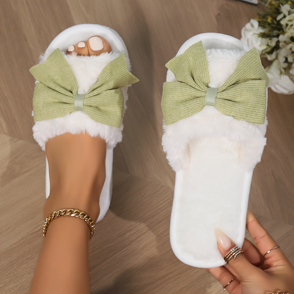 Kawaii Bowknot Plush Slippers, Open Toe Slip On Flat Fuzzy Shoes, Winter Warm Home Floor Slippers